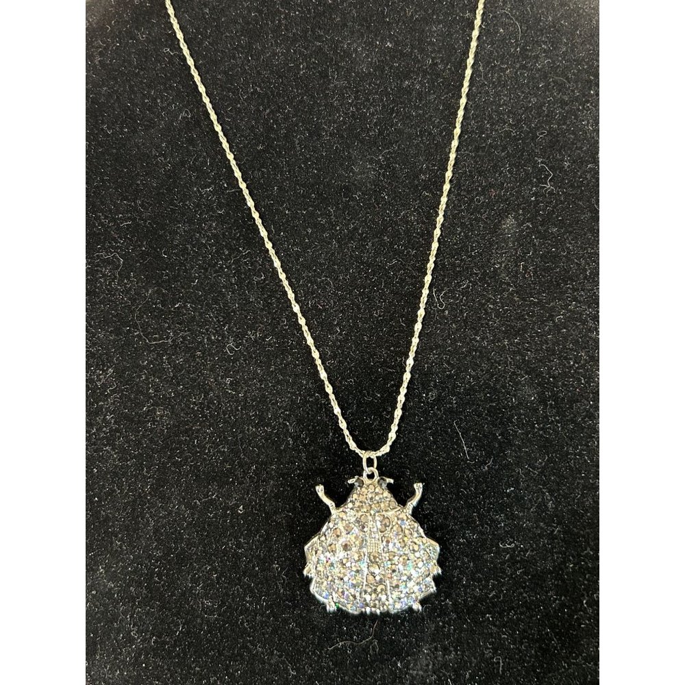 Silver Tone 23” Necklace w/ Rhinestone Studded Beetle Bug Pendant
